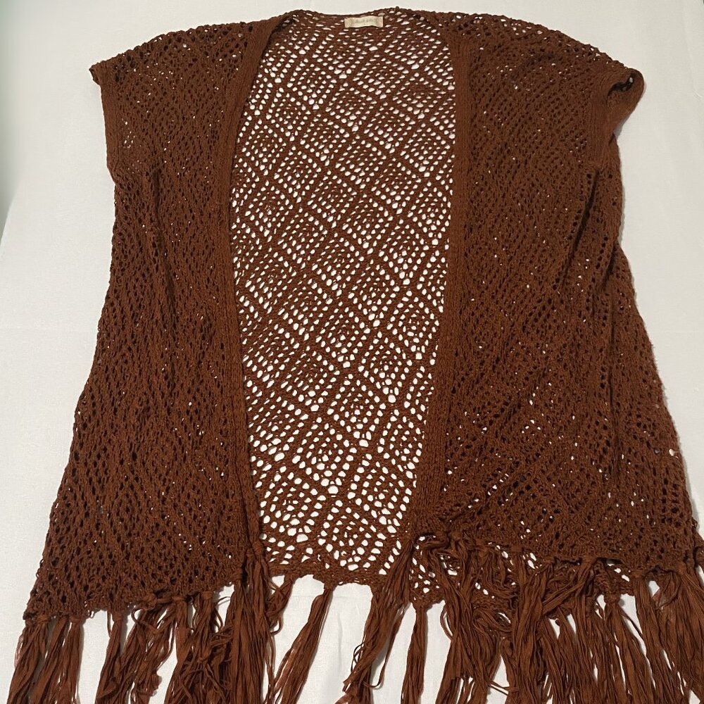 Altar'd State Crochet Longline Vest Brown Tassel Fringe Festival Boho Size L